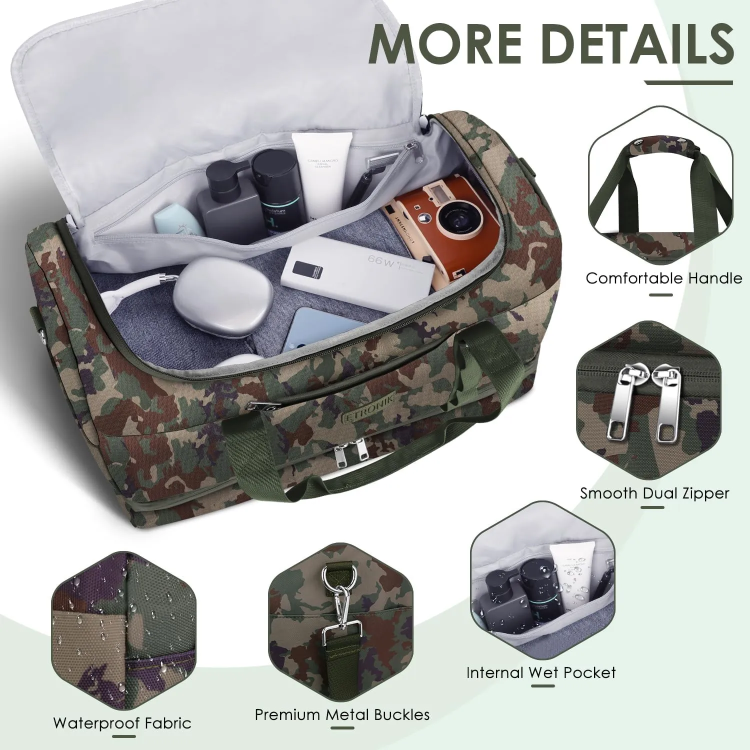 ETRONIK Tactical Duffle Bag for Men, Waterproof Travel Bag with Shoe Compartment, Military Weekender Overnight Bag with Toiletry Bag, Carry on Bags for Airplanes for Travel, Trip, Gym, Camouflage