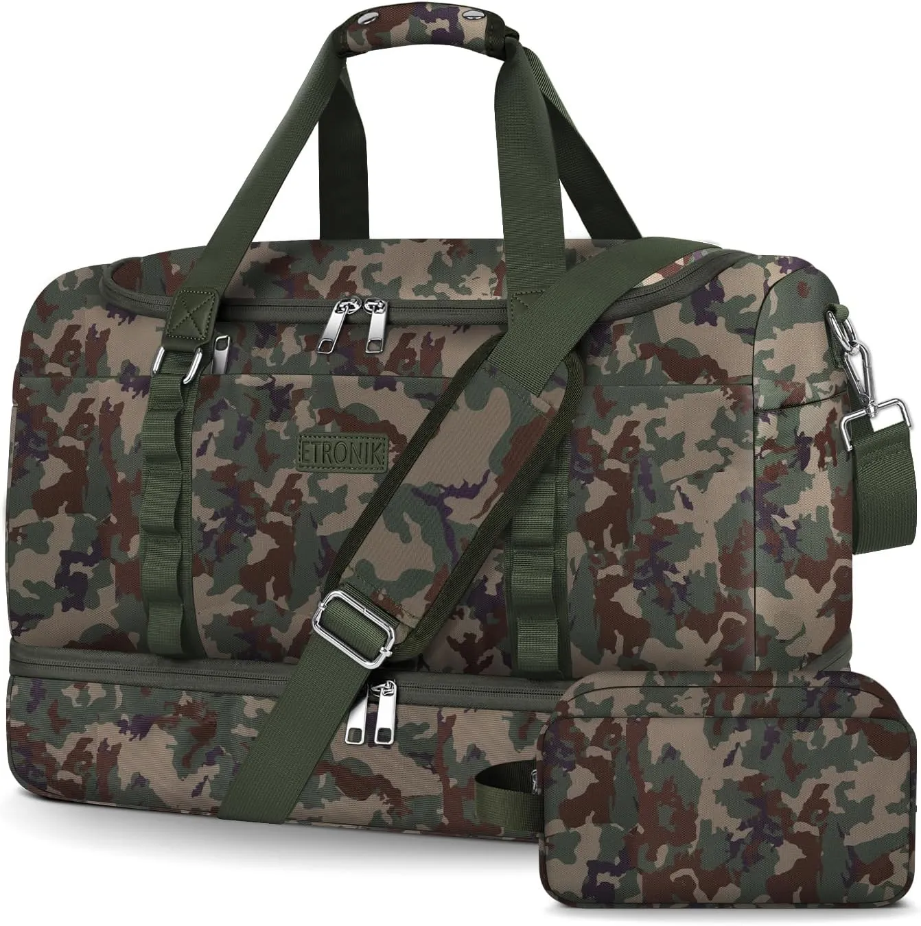 ETRONIK Tactical Duffle Bag for Men, Waterproof Travel Bag with Shoe Compartment, Military Weekender Overnight Bag with Toiletry Bag, Carry on Bags for Airplanes for Travel, Trip, Gym, Camouflage