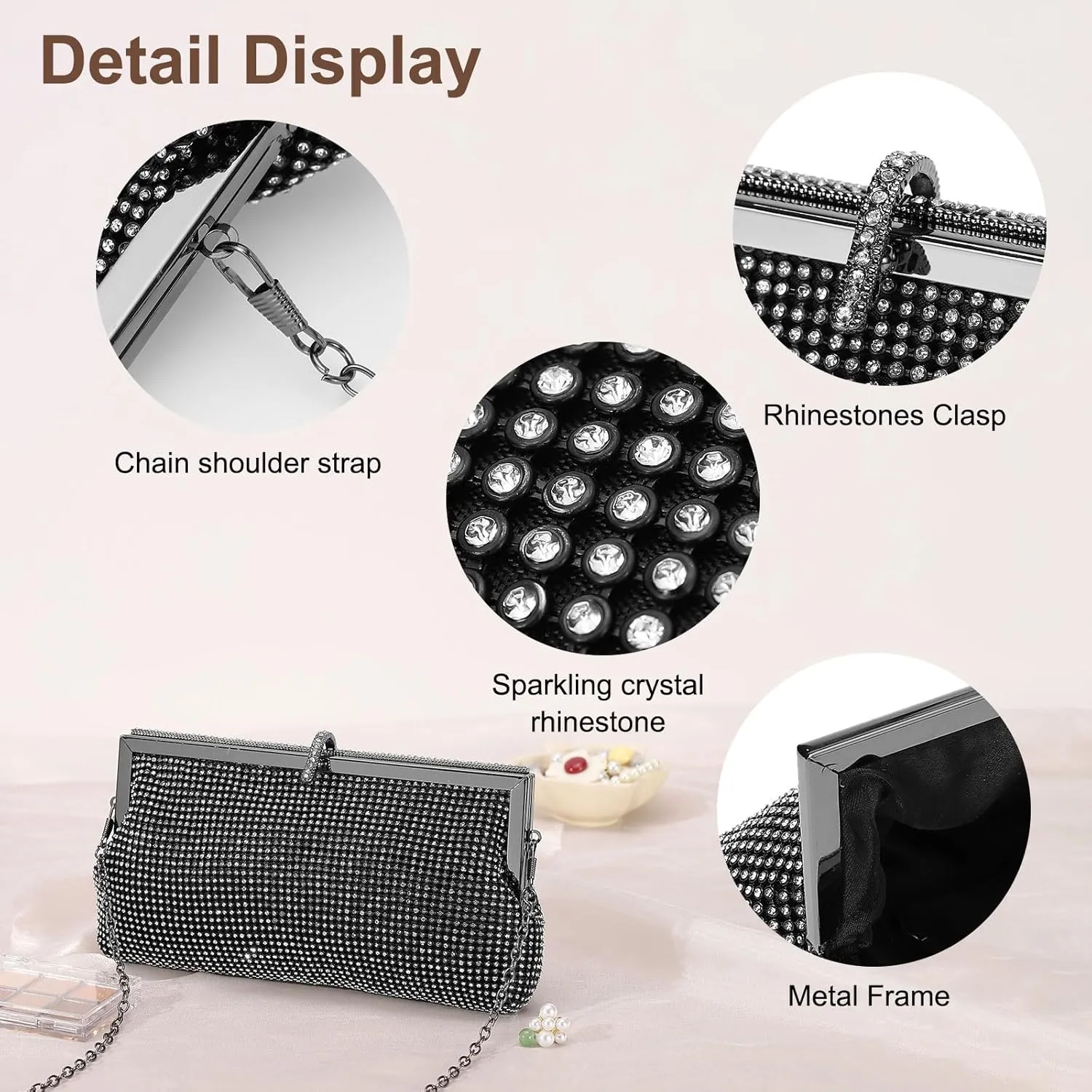 Evening Bags Clutch Purses for Women Formal, Metallic Purses Crystal Rhinestone Crossbody Handbag with Chain Shoulder Bag Sparkly for Wedding Guest Party Black