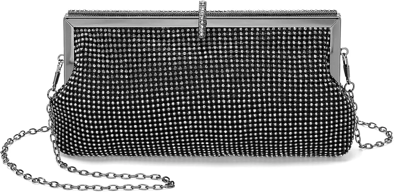 Evening Bags Clutch Purses for Women Formal, Metallic Purses Crystal Rhinestone Crossbody Handbag with Chain Shoulder Bag Sparkly for Wedding Guest Party Black
