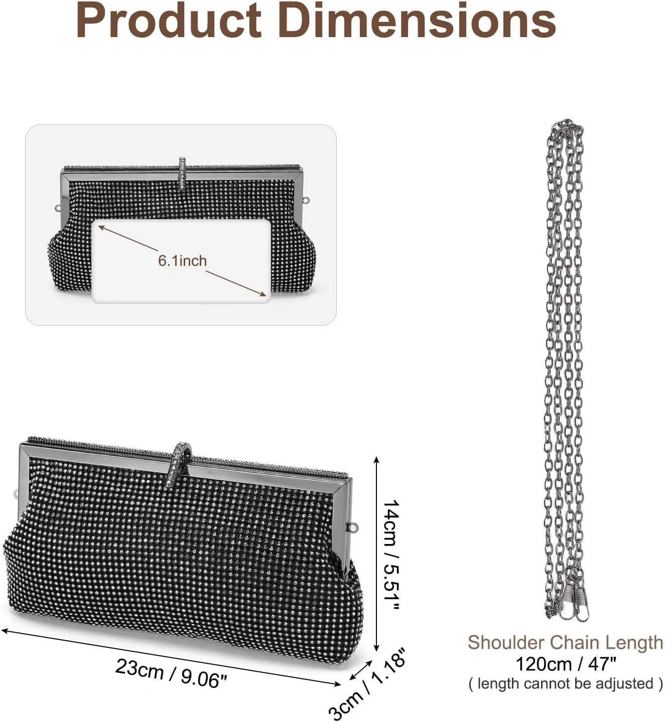 Evening Bags Clutch Purses for Women Formal, Metallic Purses Crystal Rhinestone Crossbody Handbag with Chain Shoulder Bag Sparkly for Wedding Guest Party Black