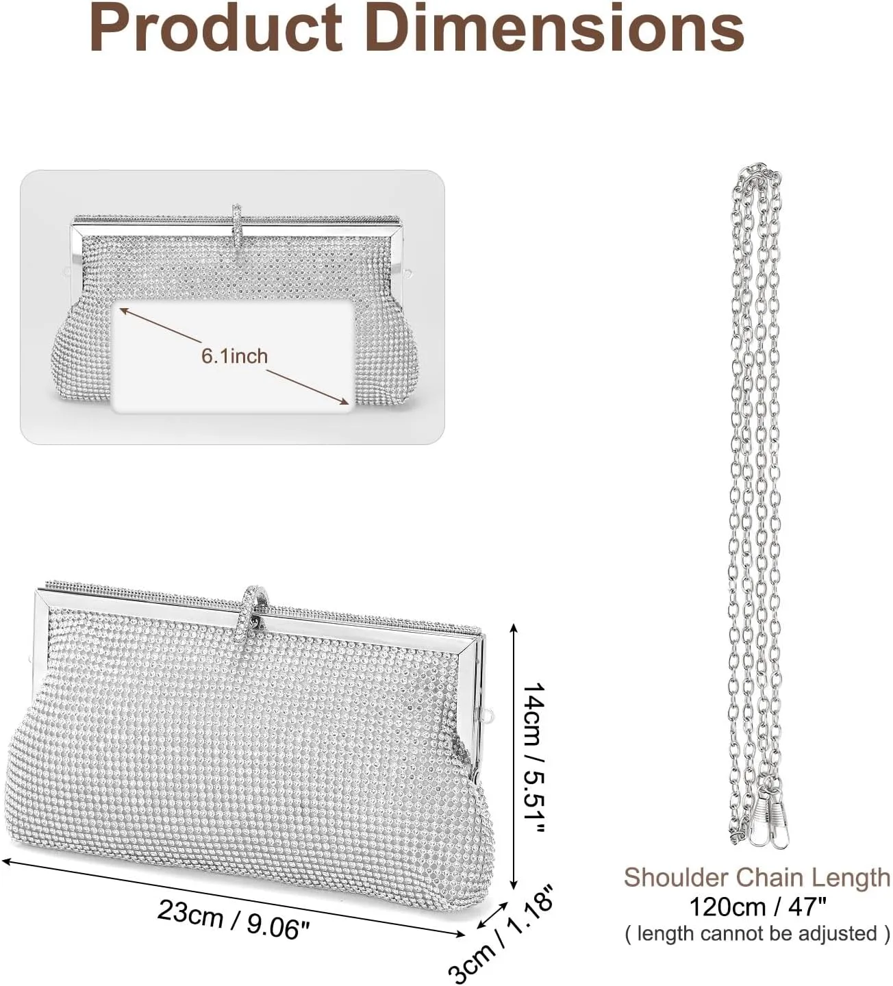 Evening Bags Clutch Purses for Women Formal, Metallic Purses Crystal Rhinestone Crossbody Handbag with Chain Shoulder Bag Sparkly for Wedding Guest Party Silver