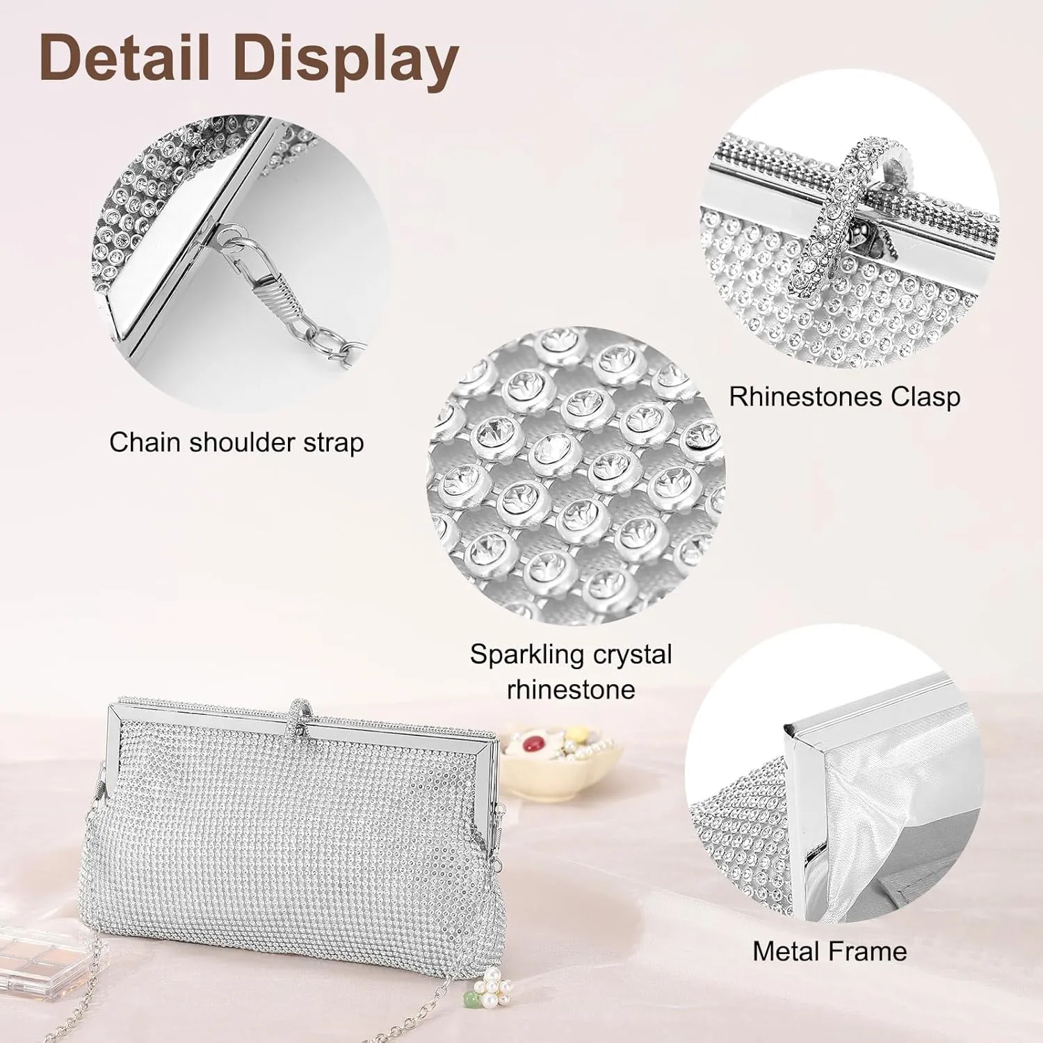 Evening Bags Clutch Purses for Women Formal, Metallic Purses Crystal Rhinestone Crossbody Handbag with Chain Shoulder Bag Sparkly for Wedding Guest Party Silver
