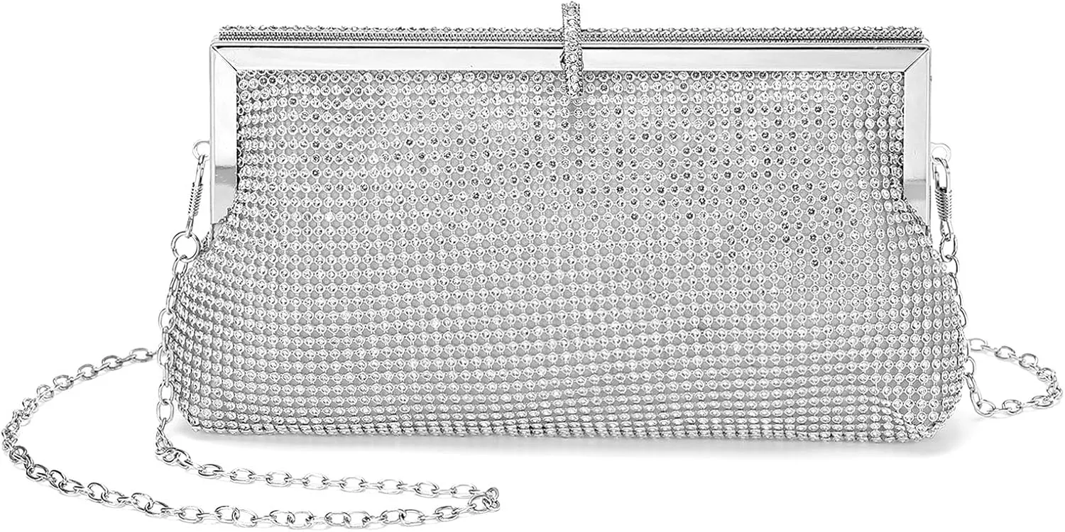 Evening Bags Clutch Purses for Women Formal, Metallic Purses Crystal Rhinestone Crossbody Handbag with Chain Shoulder Bag Sparkly for Wedding Guest Party Silver