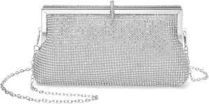 Evening Bags Clutch Purses for Women Formal, Metallic Purses Crystal Rhinestone Crossbody Handbag with Chain Shoulder Bag Sparkly for Wedding Guest Party Silver