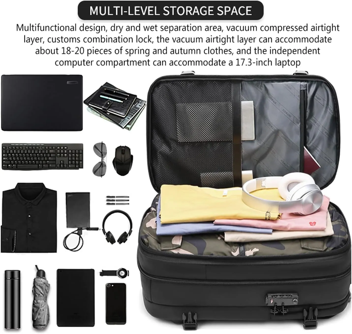 Expandable Backpack,19in Laptop Backpacks,Large-Capacity Vacuum Compression Bag, Dry and Wet Separation Travel Handbag with Customs Combination Lock (Color : Gray)