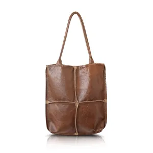 Extra large durable leather brown tote shoulder bag for women, handmade women shiny leather everyday handbag