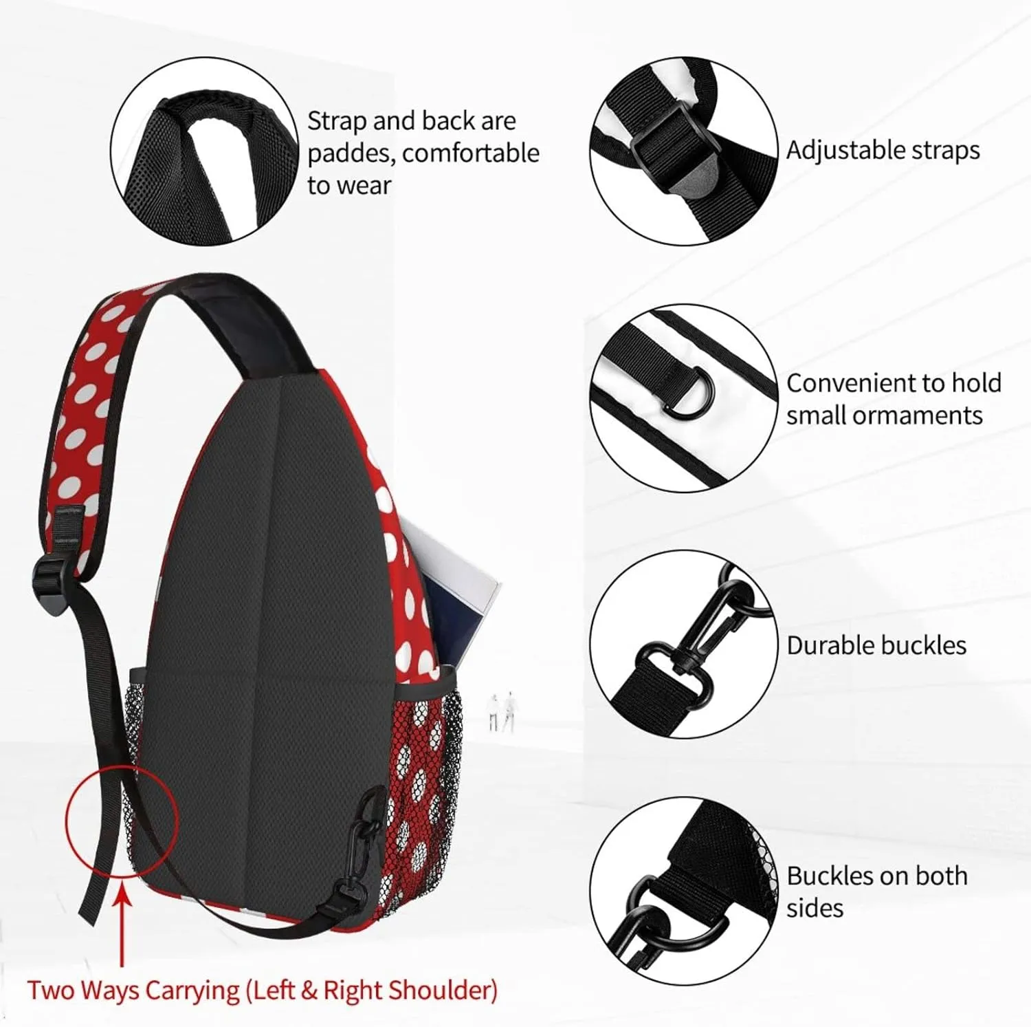 Famame Red White Polka Dot Sling Backpack Chest Bag Crossbody Shoulder Bag Gym Cycling Travel Hiking Daypack For Men Women