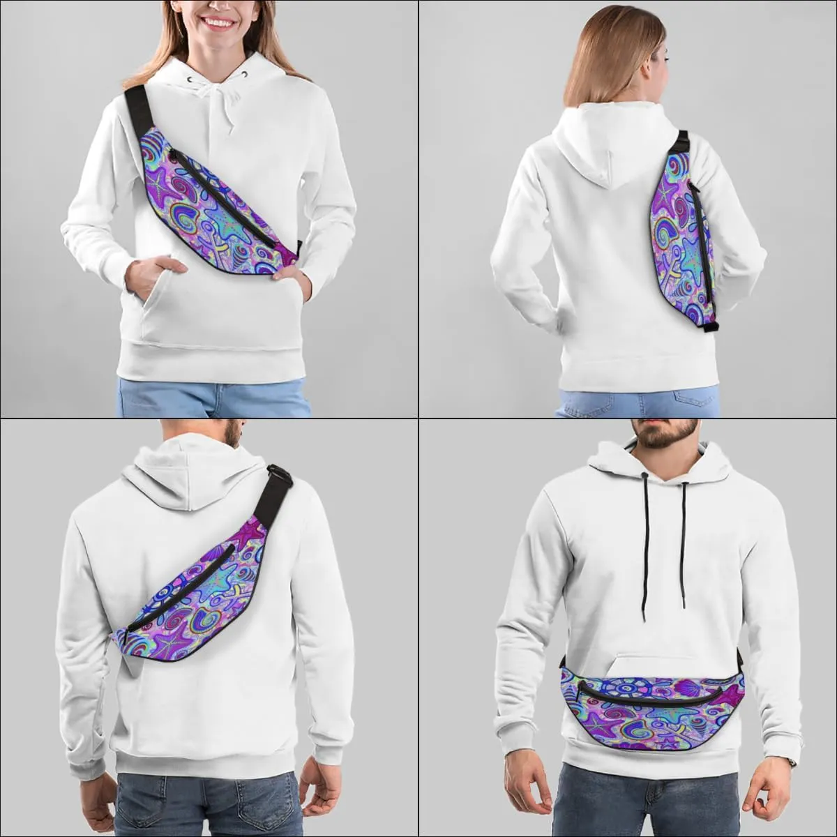 Fanny Pack for Women Men Cartoon Colorful Starfish Shell Waist Pack Crossbody Bag with Adjustable Straps for Hiking Running Walking Travel Cycling