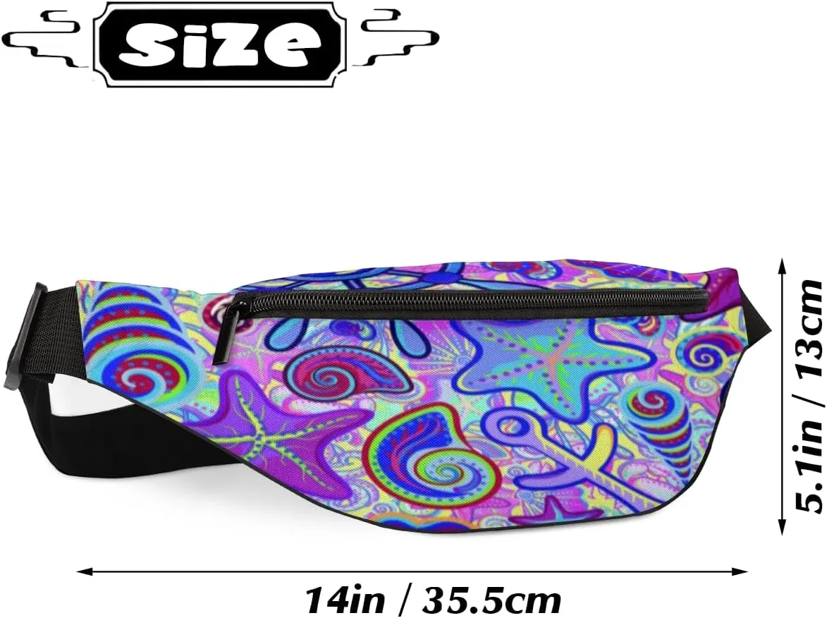 Fanny Pack for Women Men Cartoon Colorful Starfish Shell Waist Pack Crossbody Bag with Adjustable Straps for Hiking Running Walking Travel Cycling