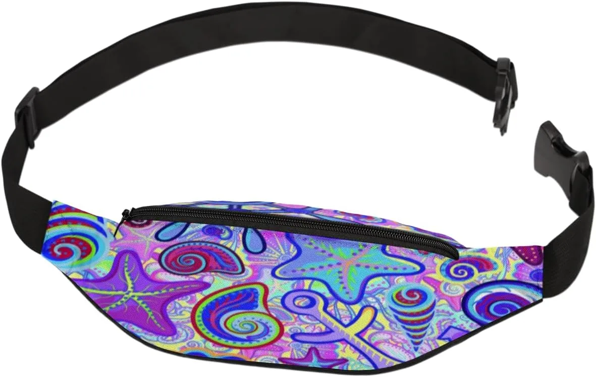 Fanny Pack for Women Men Cartoon Colorful Starfish Shell Waist Pack Crossbody Bag with Adjustable Straps for Hiking Running Walking Travel Cycling