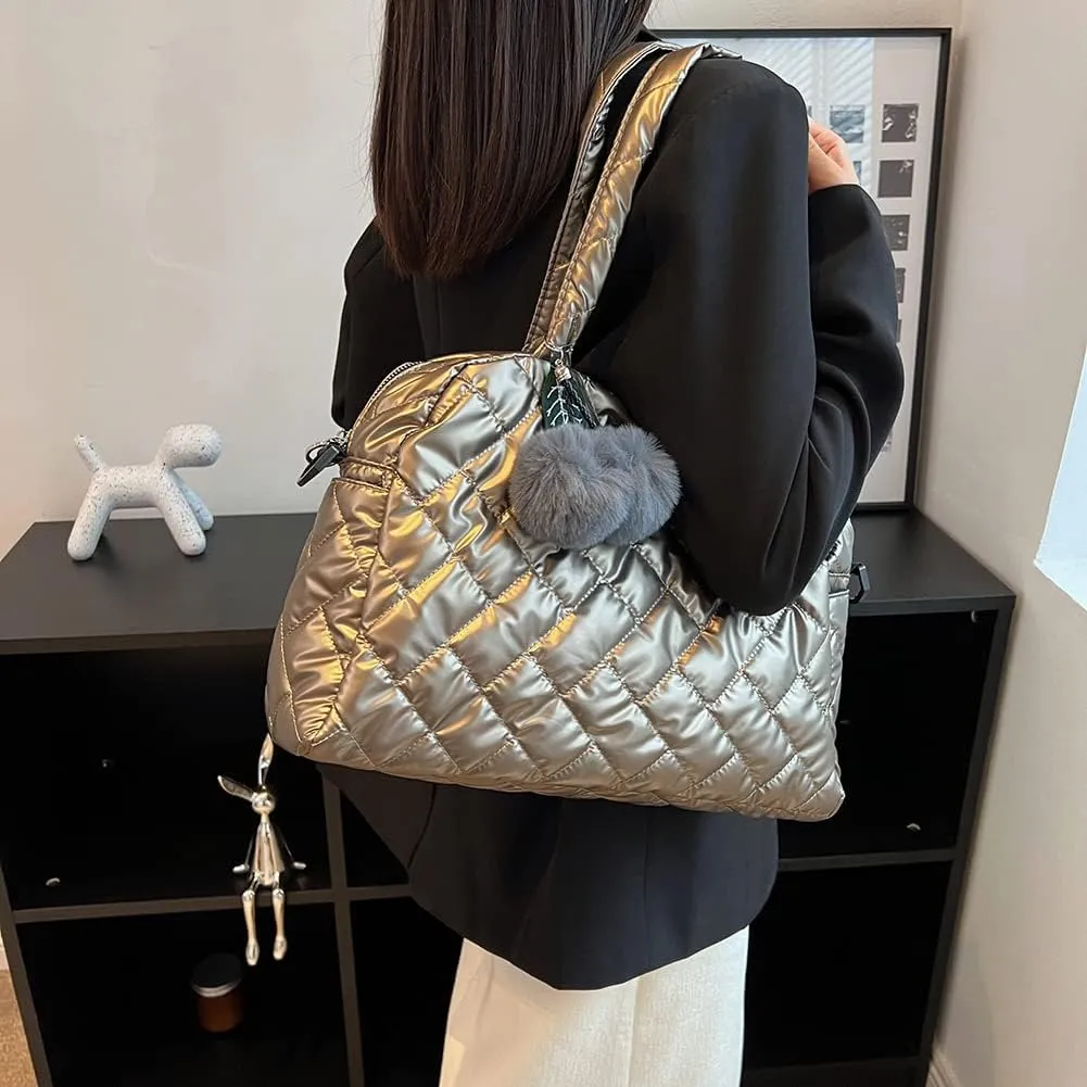 Fashion Quilted Shoulder Bag Large Capacity Quilted Handbag Pompom Pendant Cotton Messenger Pouch Nylon Crossbody