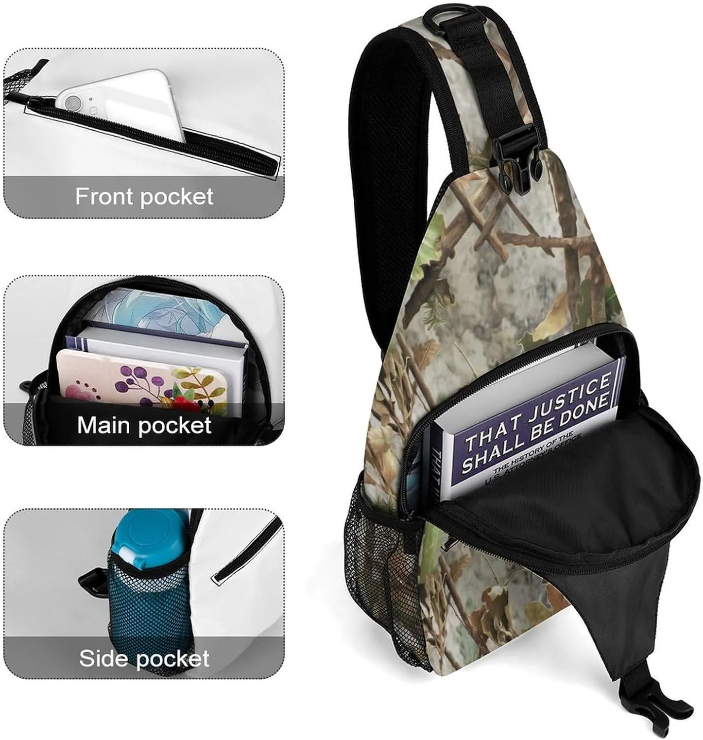 Fashion Sling Backpack, Daypack, for Camo Trees Leaves Hunting Camouflage Crossbody Rope Chest Rucksack, Tote Bags, Gym Bags Sack Daypack Outdoor Backpack for Man Women Lady s