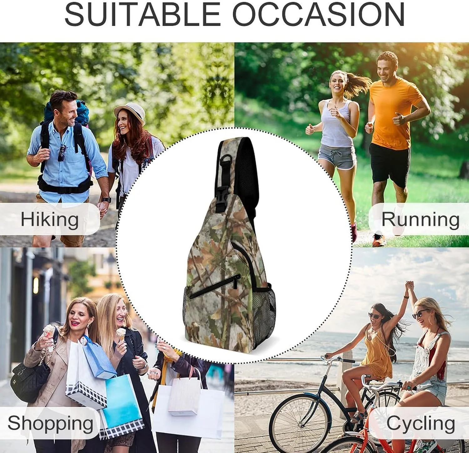 Fashion Sling Backpack, Daypack, for Camo Trees Leaves Hunting Camouflage Crossbody Rope Chest Rucksack, Tote Bags, Gym Bags Sack Daypack Outdoor Backpack for Man Women Lady s