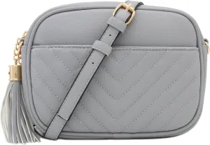 FashionPuzzle Chevron Quilted Crossbody Camera Bag with Chain Strap and Tassel