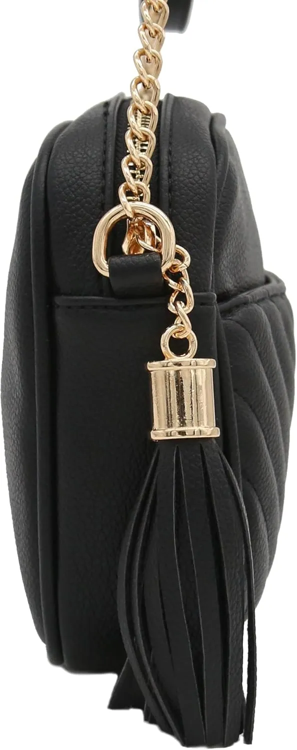 FashionPuzzle Chevron Quilted Crossbody Camera Bag with Chain Strap and Tassel