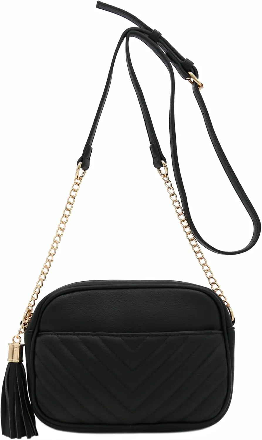 FashionPuzzle Chevron Quilted Crossbody Camera Bag with Chain Strap and Tassel