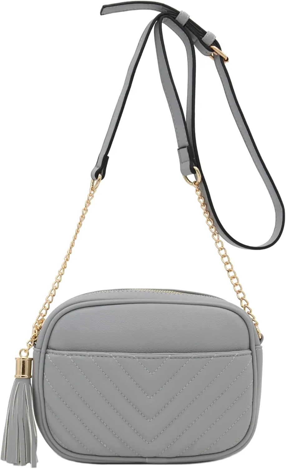 FashionPuzzle Chevron Quilted Crossbody Camera Bag with Chain Strap and Tassel