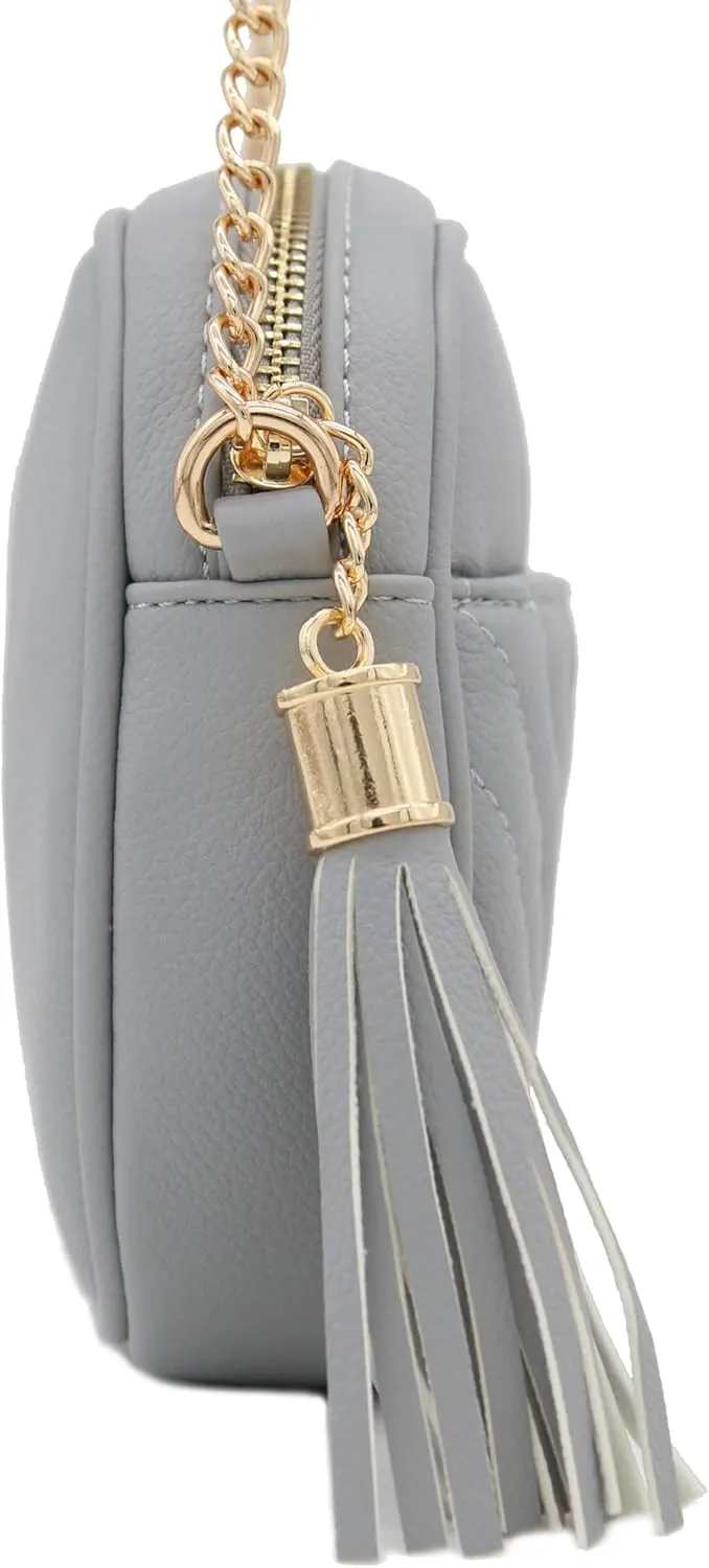 FashionPuzzle Chevron Quilted Crossbody Camera Bag with Chain Strap and Tassel