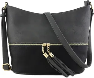 FashionPuzzle Lightweight Tassel Zipper Bucket Crossbody Bag