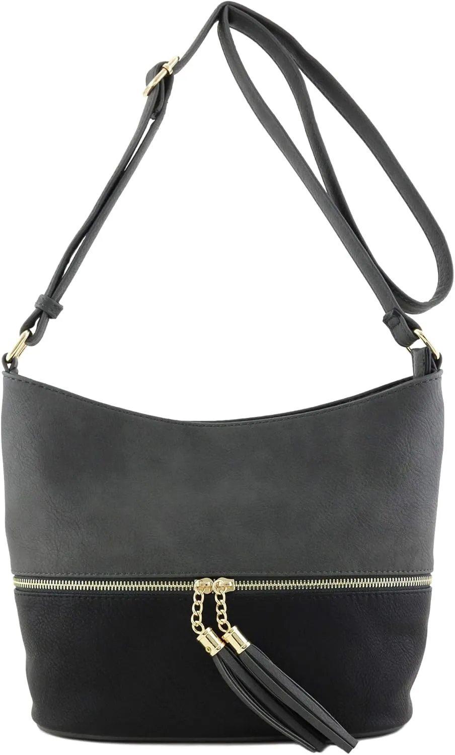 FashionPuzzle Lightweight Tassel Zipper Bucket Crossbody Bag