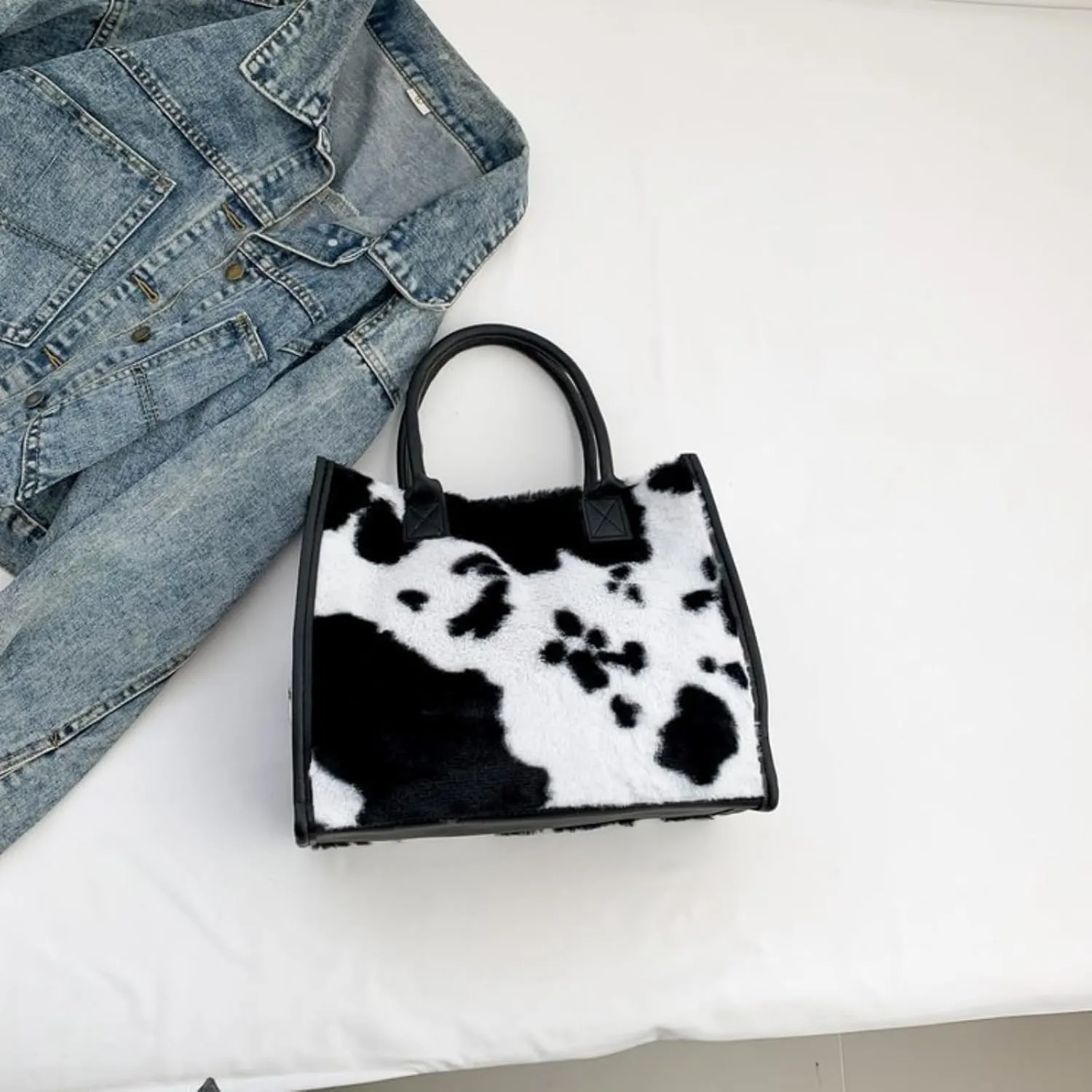 Faux Fur Large Tote Bags for Women Leopard Cow Print Shoulder Bags Purse Y2k Plush Handbags 2000s Streetwear