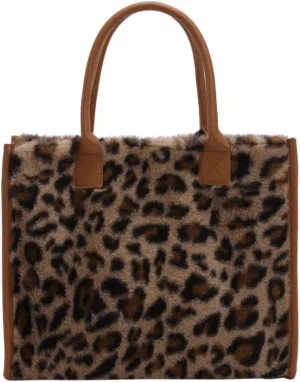 Faux Fur Large Tote Bags for Women Leopard Cow Print Shoulder Bags Purse Y2k Plush Handbags 2000s Streetwear