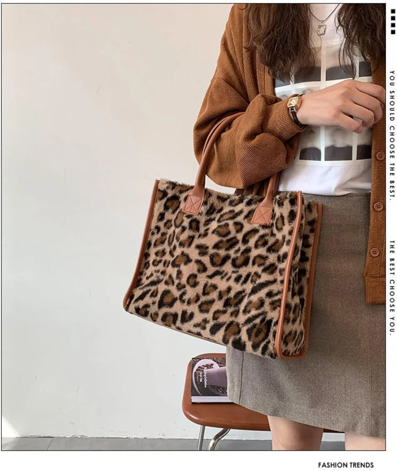 Faux Fur Large Tote Bags for Women Leopard Cow Print Shoulder Bags Purse Y2k Plush Handbags 2000s Streetwear