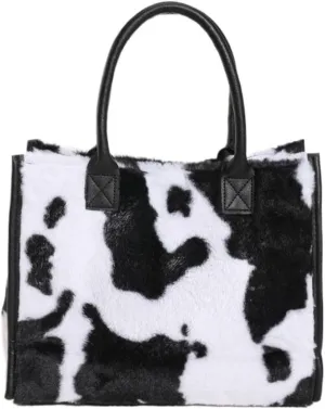 Faux Fur Large Tote Bags for Women Leopard Cow Print Shoulder Bags Purse Y2k Plush Handbags 2000s Streetwear