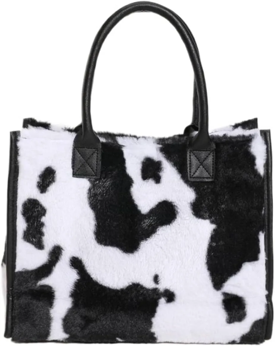 Faux Fur Large Tote Bags for Women Leopard Cow Print Shoulder Bags Purse Y2k Plush Handbags 2000s Streetwear