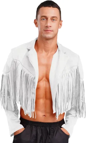 Faux Suede Leather Coat for Men Tassel Lapel Open Front Cardigan Cowboy Western Jacket Tops