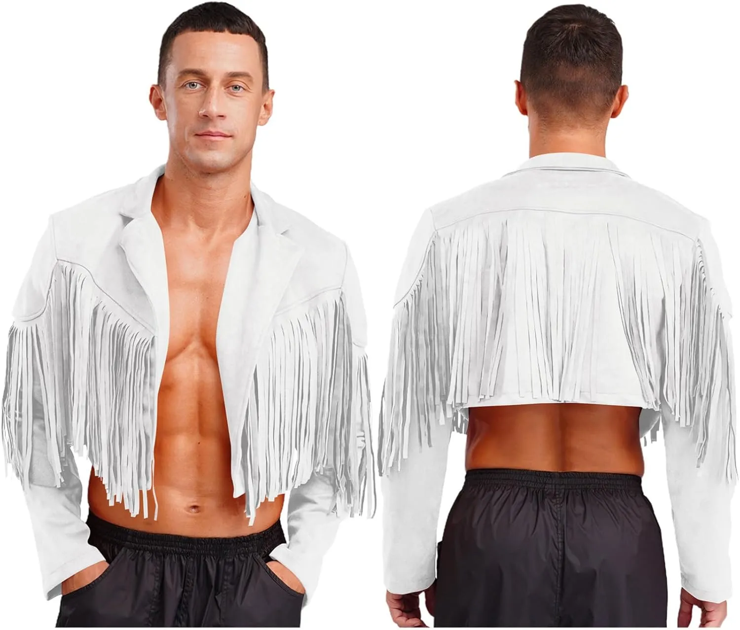 Faux Suede Leather Coat for Men Tassel Lapel Open Front Cardigan Cowboy Western Jacket Tops