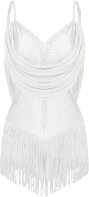 FEESHOW Women's Glittery Rhinestone Latin Dance Leotard Dress Tassel Prom Dress Rumba Samba Dance Costume