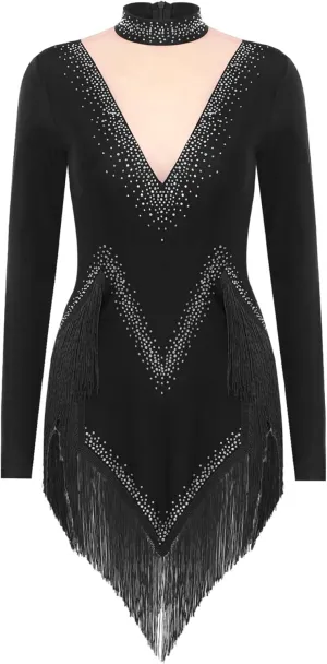 FEESHOW Women's Tassel Latin Dance Dress Mock Neck Long Sleeve Irregular Rumba Samba Tango Dress