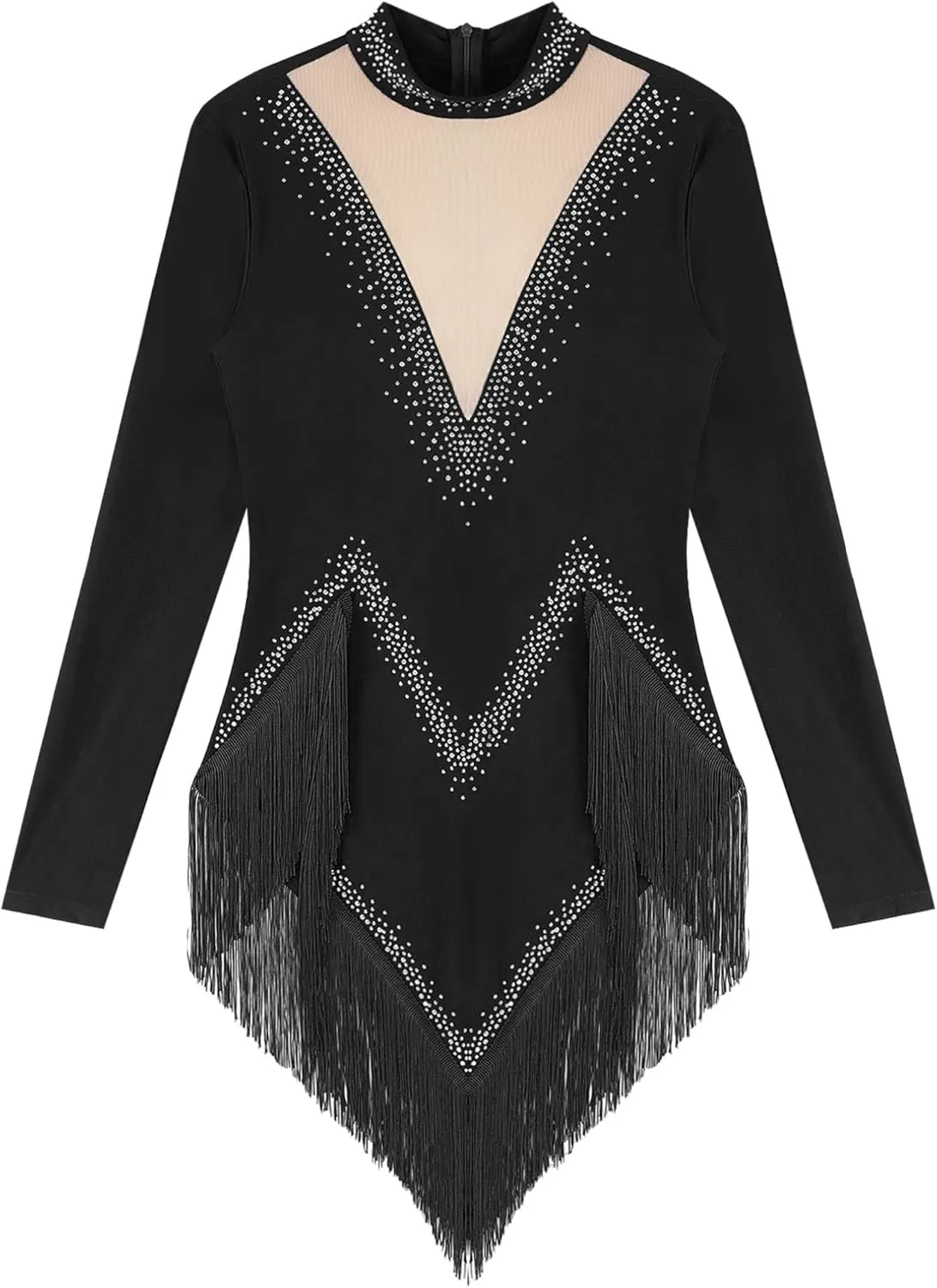 FEESHOW Women's Tassel Latin Dance Dress Mock Neck Long Sleeve Irregular Rumba Samba Tango Dress