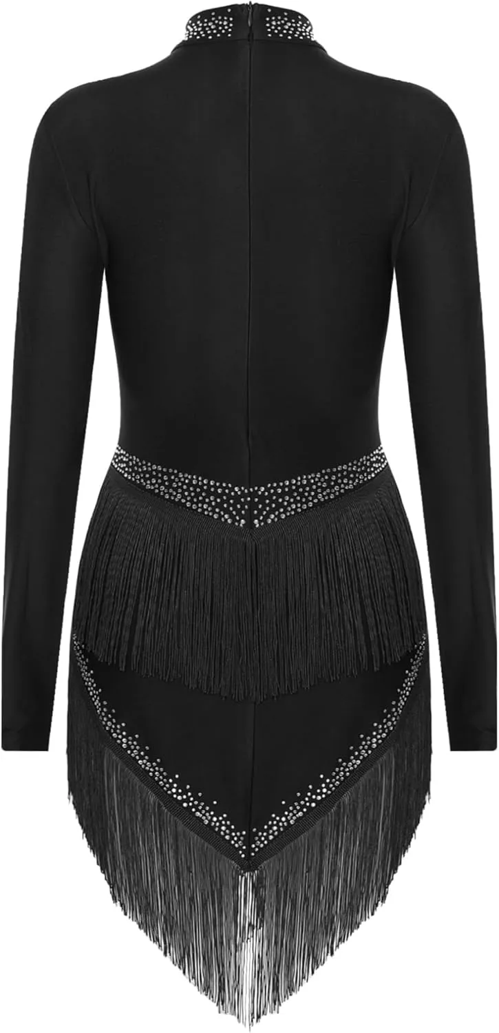 FEESHOW Women's Tassel Latin Dance Dress Mock Neck Long Sleeve Irregular Rumba Samba Tango Dress