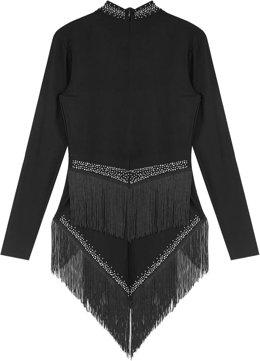 FEESHOW Women's Tassel Latin Dance Dress Mock Neck Long Sleeve Irregular Rumba Samba Tango Dress