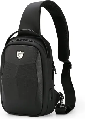 FENRUIEN Hard Shell Sling Bag for Men, Water Resistant Crossbody Backpack with USB Port, Black Chest Bag for Travel/Daily