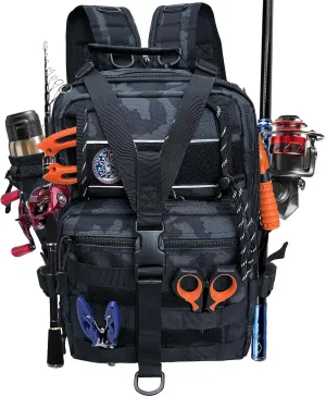 Fishing Tackle Backpack with Rod Holder, Waterproof Military Tactical Backpack Fishing Gear Bag Shoulder Storage Sling Bag for Outdoor Fishing (Black Camouflage)