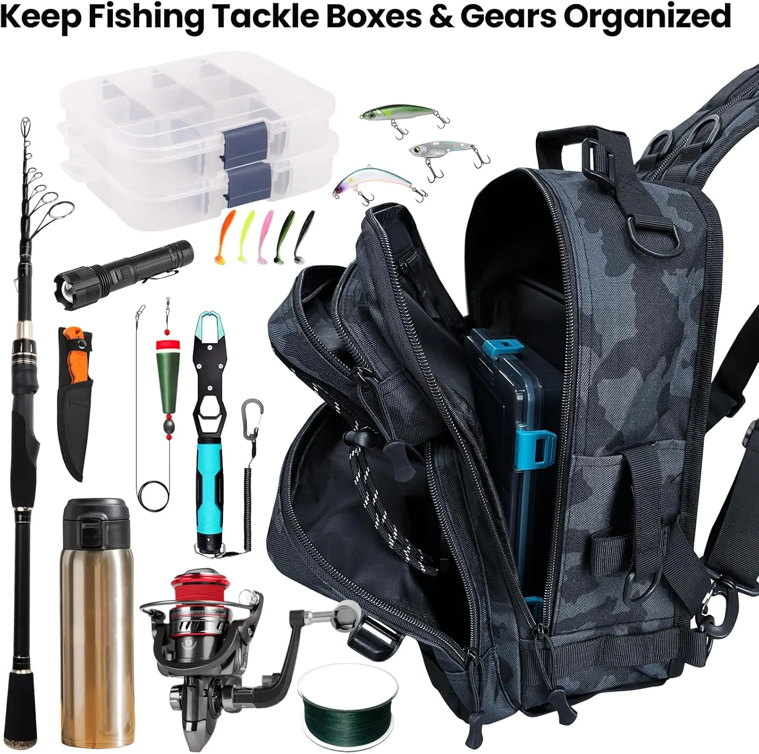 Fishing Tackle Backpack with Rod Holder, Waterproof Military Tactical Backpack Fishing Gear Bag Shoulder Storage Sling Bag for Outdoor Fishing (Black Camouflage)