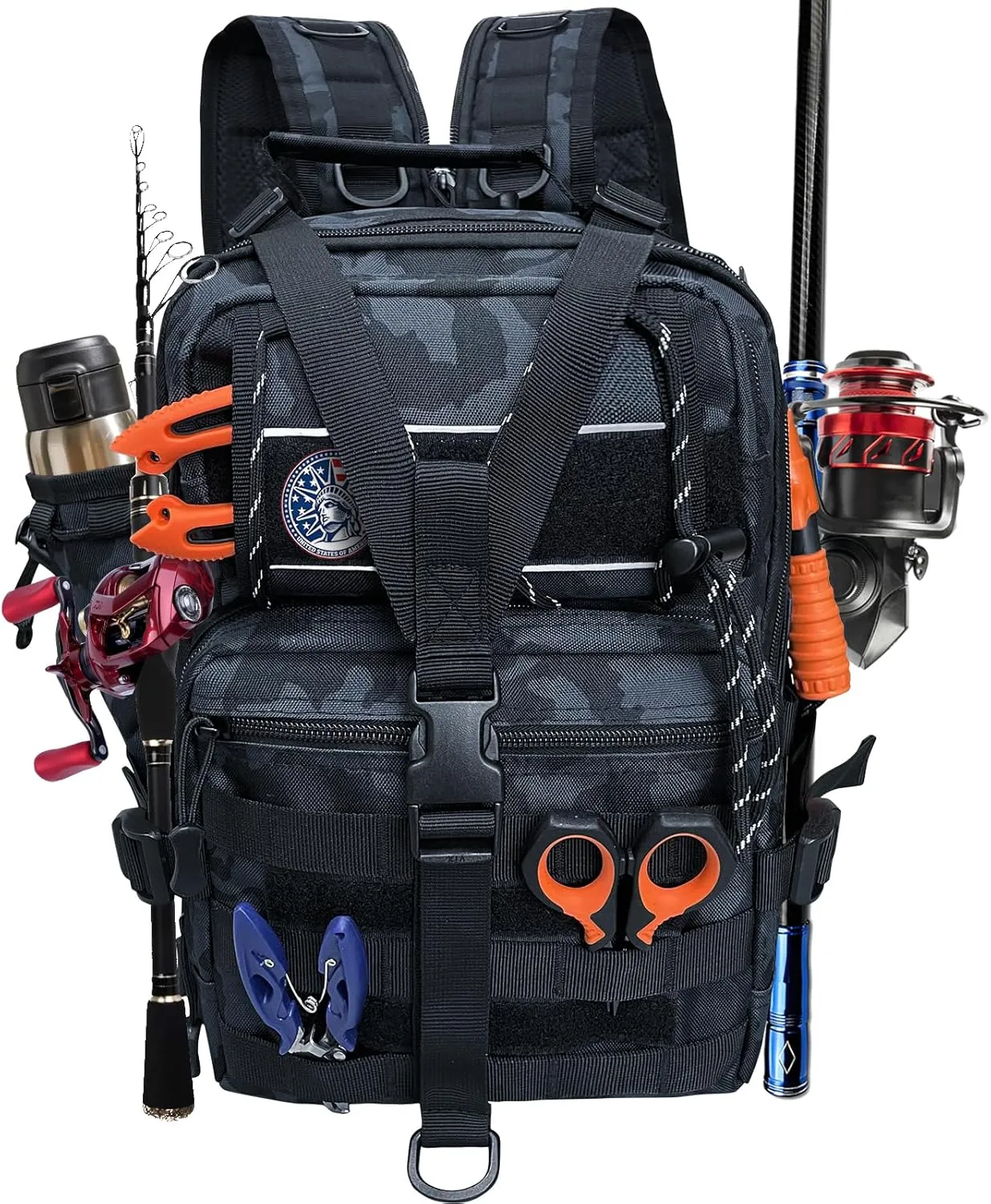Fishing Tackle Backpack with Rod Holder, Waterproof Military Tactical Backpack Fishing Gear Bag Shoulder Storage Sling Bag for Outdoor Fishing (Black Camouflage)