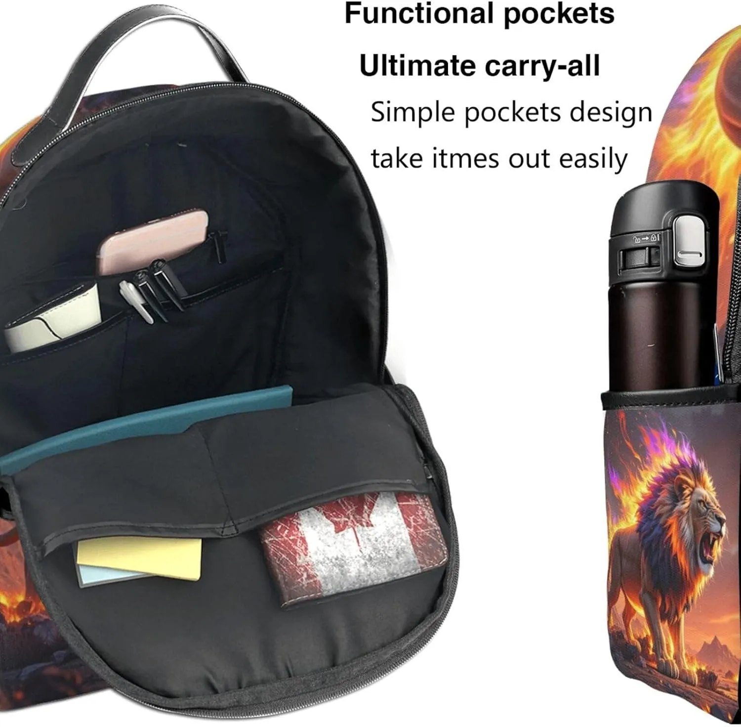 Flames Majestic Lion Adult Backpacks 14 Inch Laptop Backpack Double Shoulder Bag for Work Travel Gifts