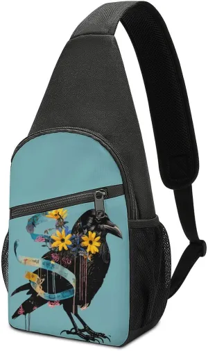 Floral Black Raven Blue Ribbon Crossbody Sling Bags Chest Shoulder Backpack DayPack Handbag