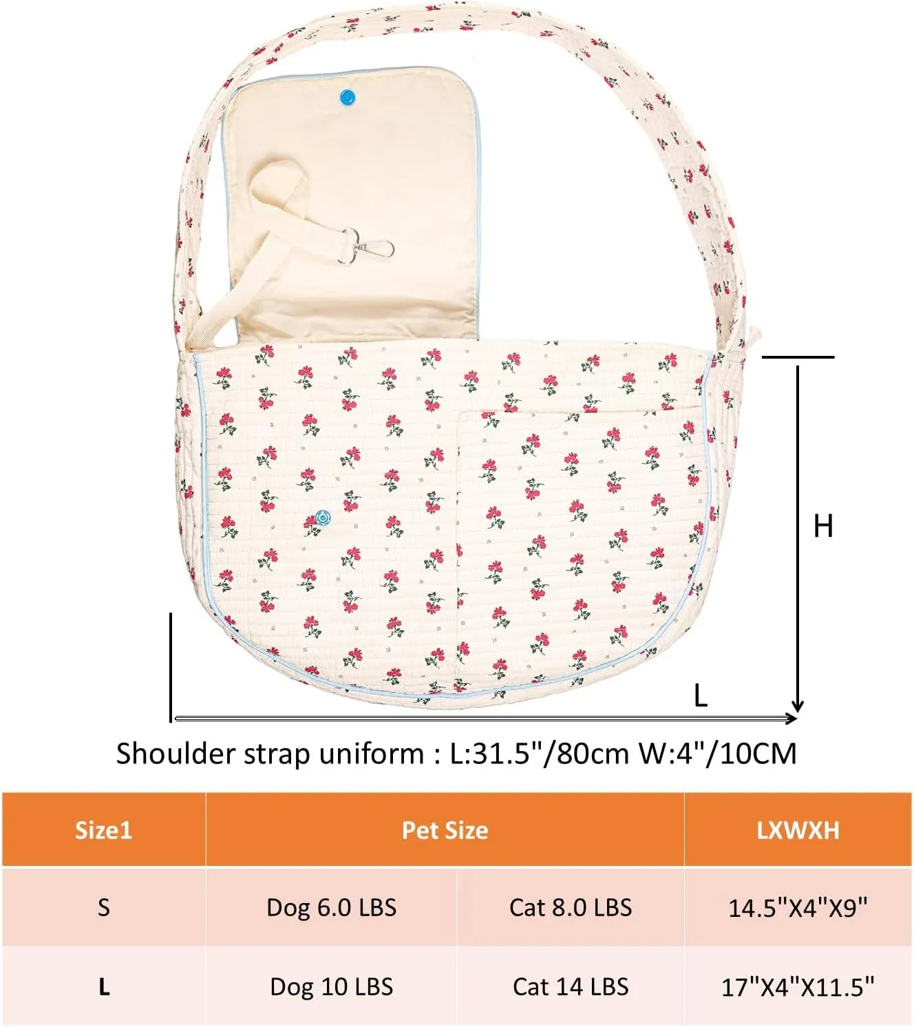 Flower Pet Sling Carrier for Small Dogs and Cats, Breathable Cotton Cats Carrier Purse，Floral Print Puppy Bag 3-10 Lbs, Hand Free Travel Chest Cat Sling， Gifts for Pet Mom Girls（White, Small