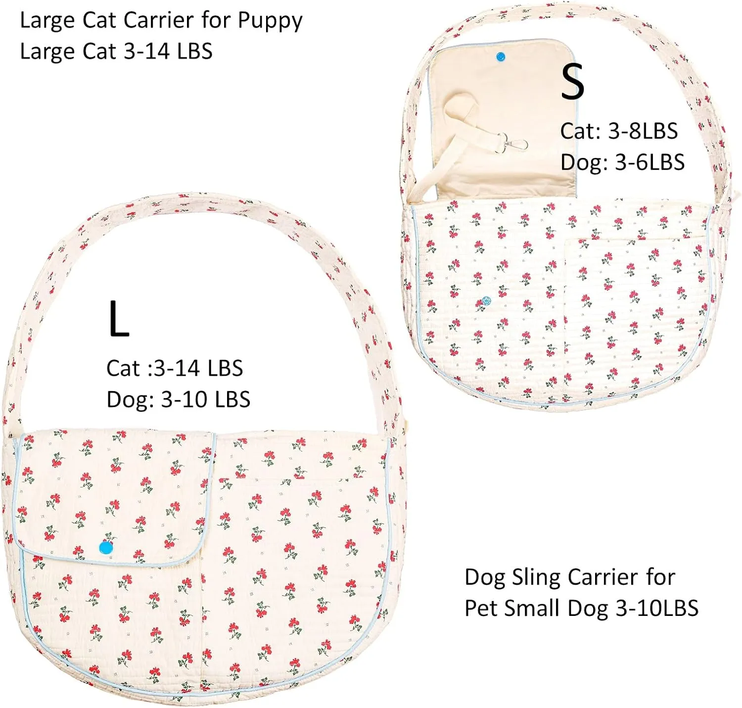 Flower Pet Sling Carrier for Small Dogs and Cats, Breathable Cotton Cats Carrier Purse，Floral Print Puppy Bag 3-10 Lbs, Hand Free Travel Chest Cat Sling， Gifts for Pet Mom Girls（White, Small