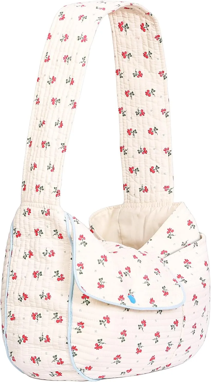 Flower Pet Sling Carrier for Small Dogs and Cats, Breathable Cotton Cats Carrier Purse，Floral Print Puppy Bag 3-10 Lbs, Hand Free Travel Chest Cat Sling， Gifts for Pet Mom Girls（White, Small