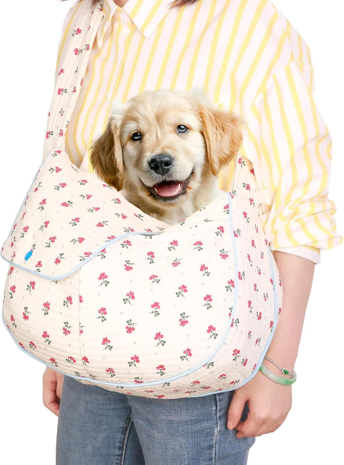 Flower Pet Sling Carrier for Small Dogs and Cats, Breathable Cotton Cats Carrier Purse，Floral Print Puppy Bag 3-10 Lbs, Hand Free Travel Chest Cat Sling， Gifts for Pet Mom Girls（White, Small