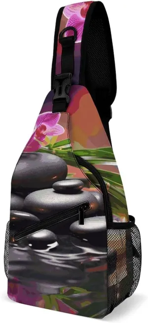 Flowers in Fountain Massage Stones Crossbody Bags Mini Sling Bag Fanny Chest Bag Travel Daypack Sling Backpack for Men Women