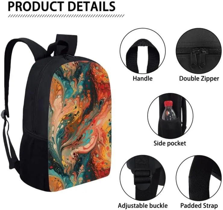 Fluid Art Painting Gradient Designed Boys Kids Teens Backpack Set Liquid Hand Drawing 3 Pcs Bags with Lunch Box and Pencil Case for School Sport Travel