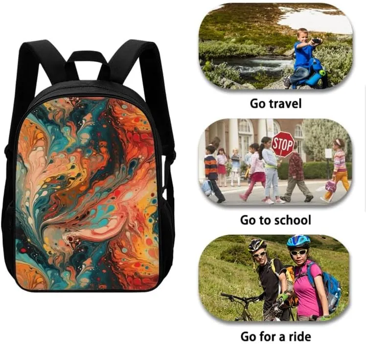 Fluid Art Painting Gradient Designed Boys Kids Teens Backpack Set Liquid Hand Drawing 3 Pcs Bags with Lunch Box and Pencil Case for School Sport Travel